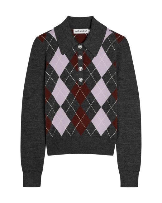 Self-Portrait Black Argyle Wool Polo Top