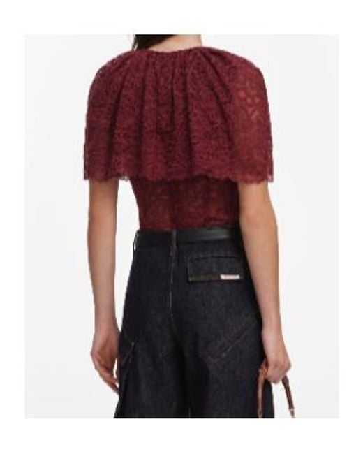 Self-Portrait Red Ruffled Lace-Overlay Top