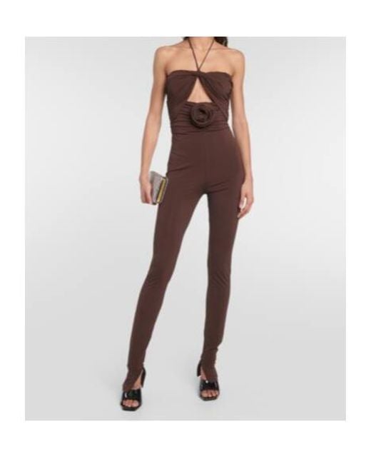 Magda Butrym Brown Floral-Appliqué Cutout Jersey Jumpsuit