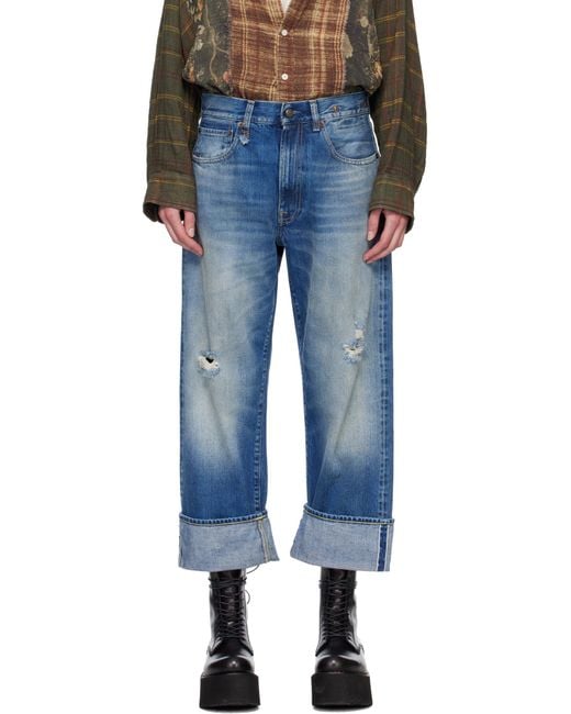 R13 Blue Cuffed X-Boyfriend Distressed Mid-Rise Wide-Leg Jeans