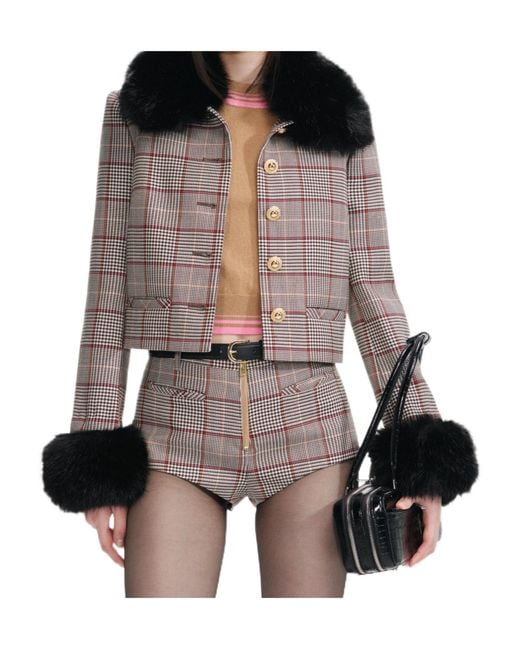 Self-Portrait Black Check Fur Cuff Jacket