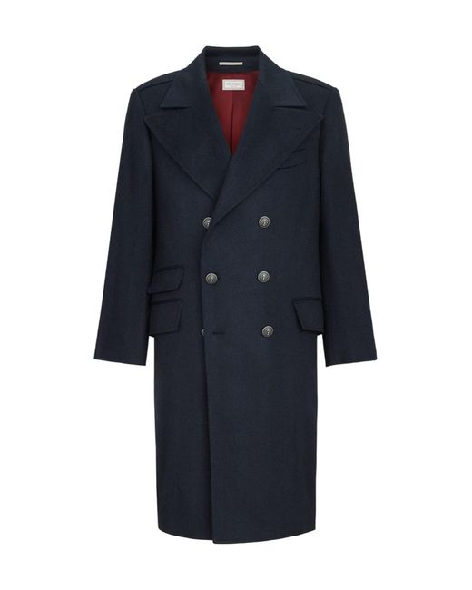 Brunello Cucinelli Blue Cashmere Chevron Flannel One-And-A Half Breasted Coat With Peak Lapels And Metal Buttons for men
