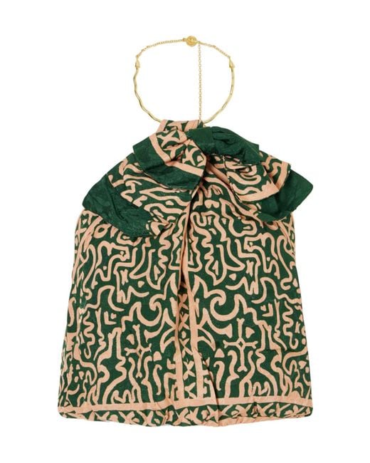 Johanna Ortiz Green Bow-Detailed Embellished Satin-Jacquard Top