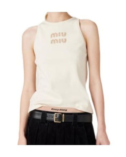 Miu Miu Natural Logo-Embellished Ribbed Sleeveless Top