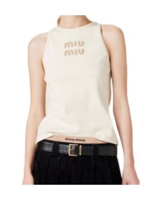 Miu Miu Natural Logo-Embellished Ribbed Sleeveless Top