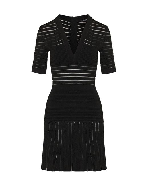 Balmain Black Sheer-Panel V-Neck Mini Dress