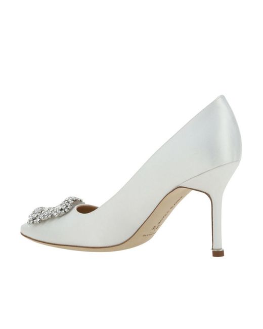 Manolo Blahnik White Hangisi Embellished Satin Pumps