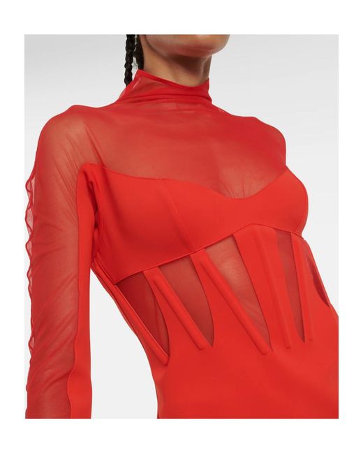 Mugler Red Sheer Ruffle Mini Dress