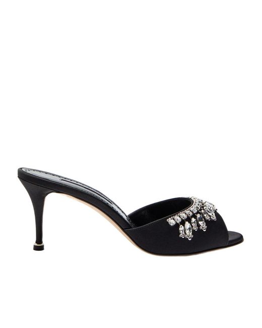 Manolo Blahnik Black Tulimu 70 Crystal-Embellished Satin Mules