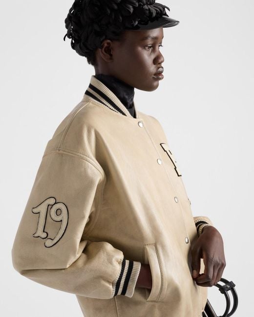 Prada Natural Leather Bomber Jacket With Patch
