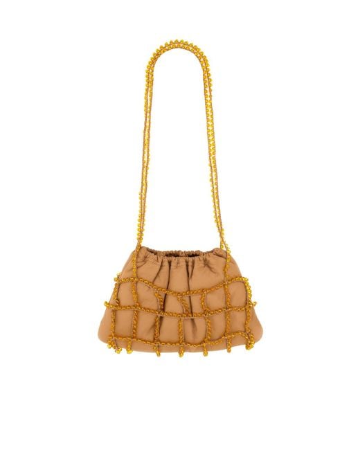 Alysi Brown Crochet Bead Embellished Medium Shoulder Bag