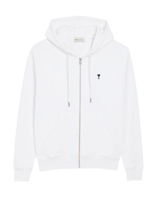 AMI White Ami Zipped Ami De Coeur Hoodie for men