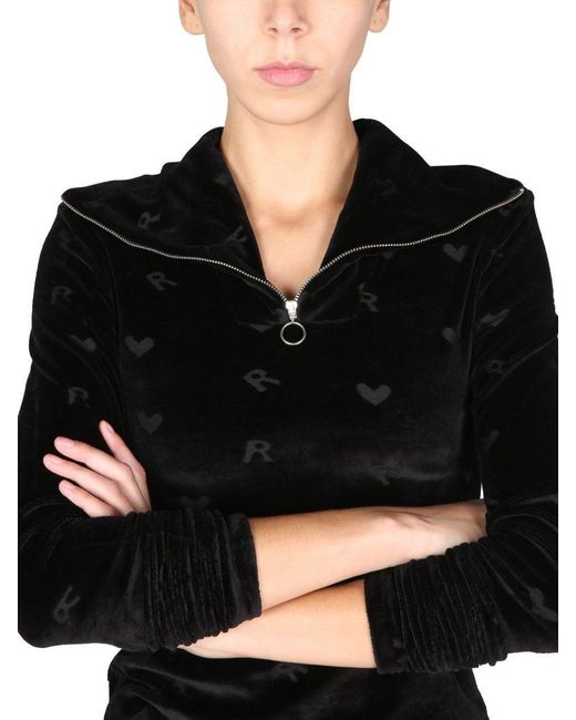 ROTATE BIRGER CHRISTENSEN Black Monogrammed-Velvet Funnel-Neck Top