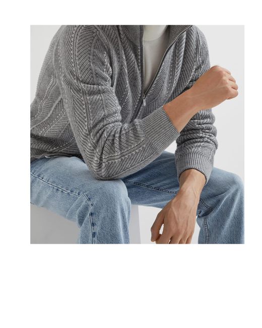 Brunello Cucinelli Gray Long-Sleeved Zip-Up Cardigan for men