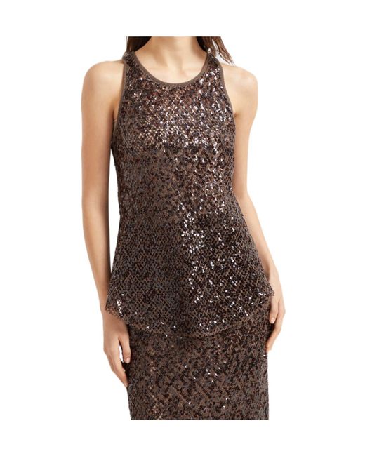 Brunello Cucinelli Brown Sequin-Embellished Mesh Top