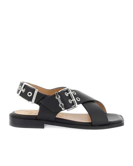 Ganni Multicolor Square Toe Crossover-Strap Bucked Sandals