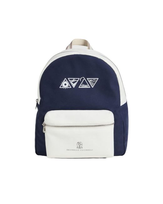 Brunello Cucinelli Blue Water-Resistant Gabardine Backpack With Print And Embroidery