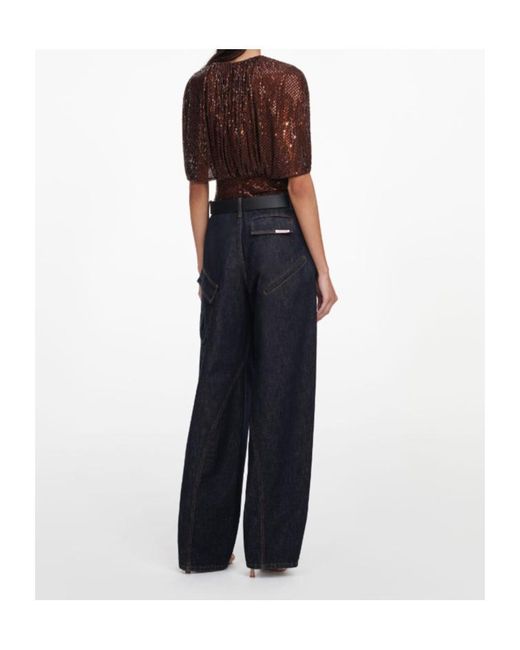 Self-Portrait Brown Sequin-Embellished Cape-Sleeve Top