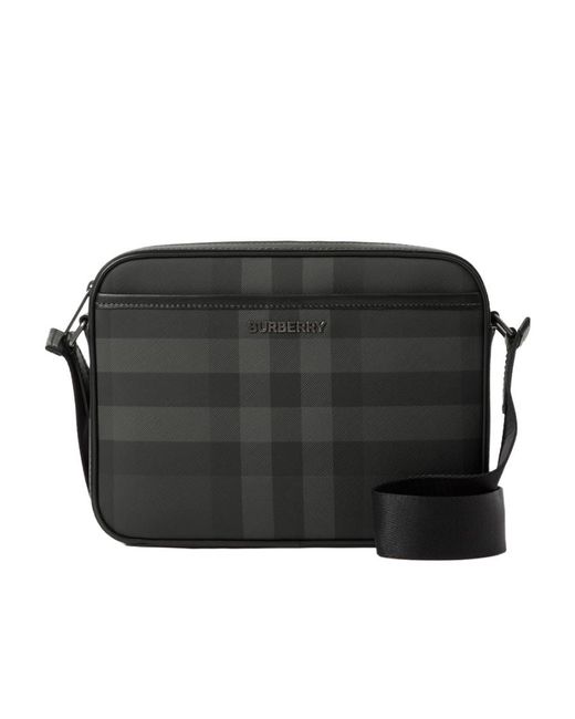 Burberry Black Logo Plaque Checked Messenger Bag for men
