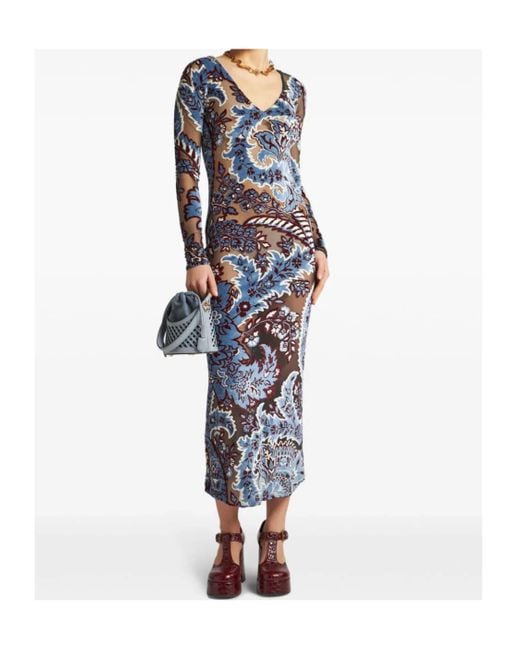 Etro Blue Jacquard Velvet Tulle Dress