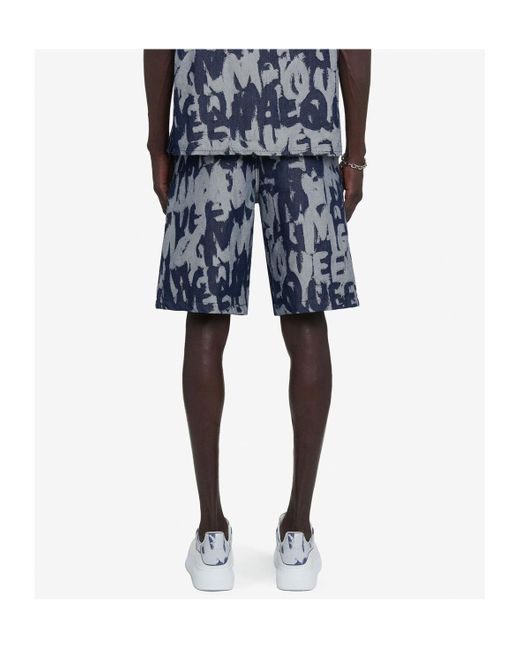 McQueen Blue Graffiti Printed Bermuda Denim Shorts for men