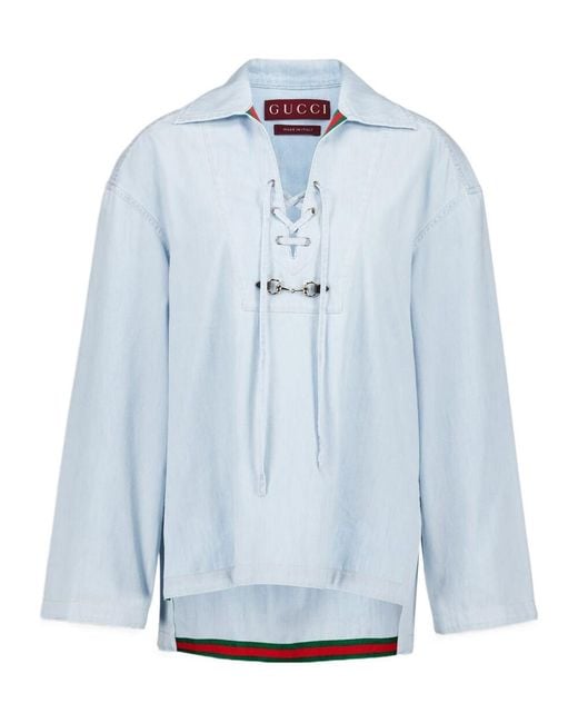 Gucci Blue Web-Stripe Denim Shirt