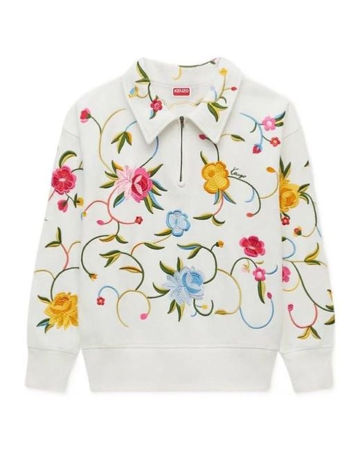 KENZO White Wildflower' Embroidered Half Zip Sweatshirt