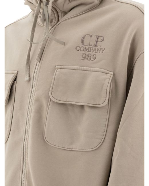 C P Company Gray Brushed And Emerized Diagonal Fleece Hooded Utility Sweatshirt for men