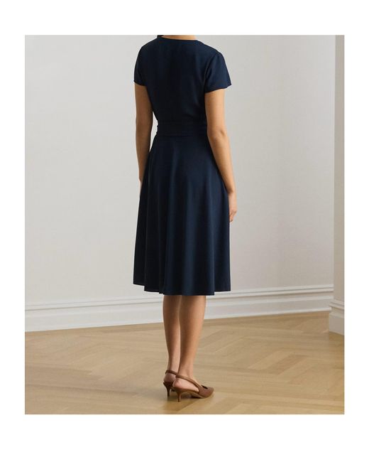 Ralph Lauren Blue Georgette Surplice V-Neck Short Sleeve Belted Midi Dress