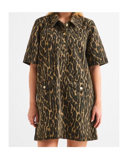 Ganni Green Leopard Print Denim Dress