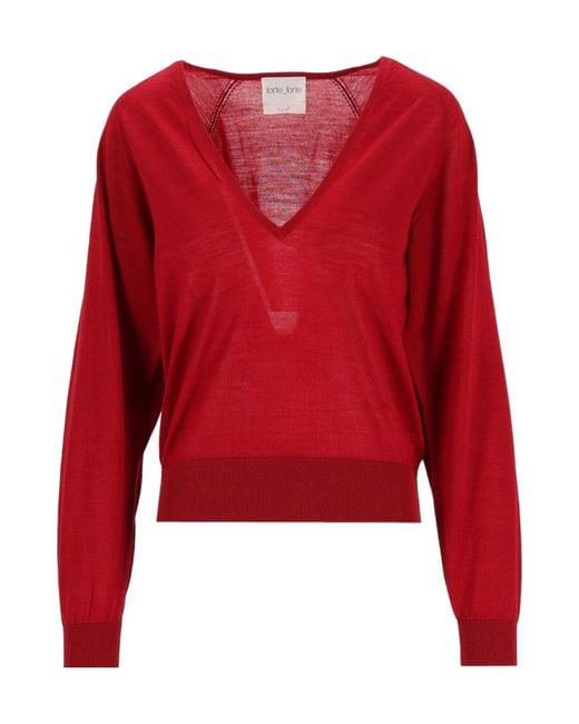 Forte_forte Red Sheer V-Neck Knitted Sweater