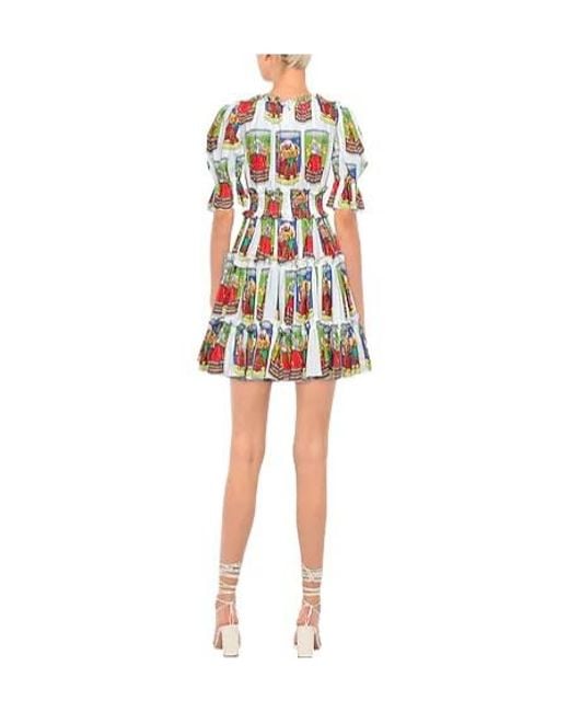 Dolce & Gabbana White Multi-Color Short Sleeve Ruched Dress