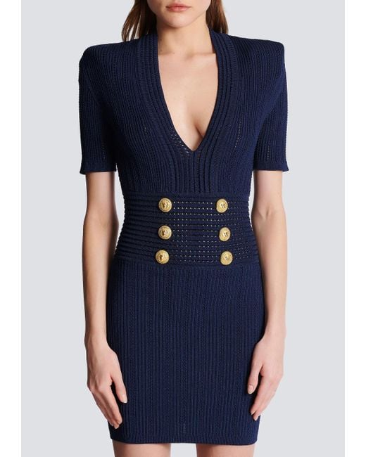 Balmain Blue Logo Button Embellished Knitted Dress