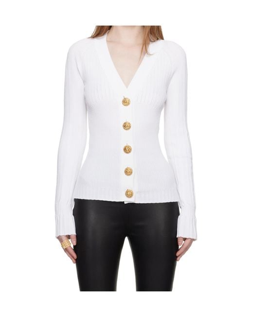 Balmain White Button-Down V-Neck Knit Sweater