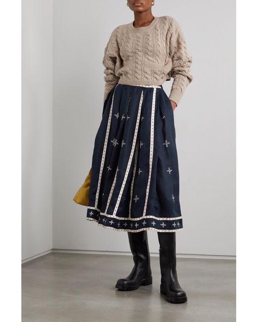 Vita Kin Blue Gera Embroidered Linen Midi Skirt