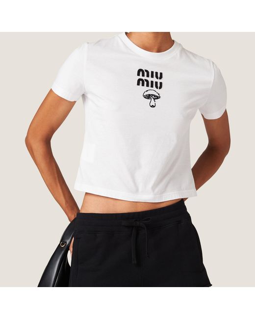 Miu Miu White Embroidered Cotton T-Shirt