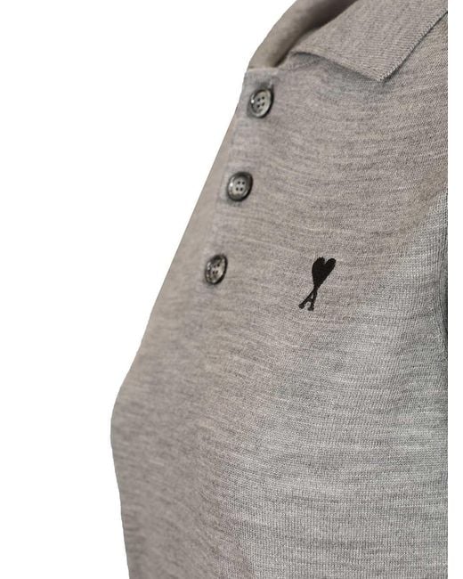 AMI Gray Logo Embroidered Knitted Polo Top