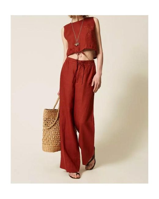 Twinset Red Drawstring Wide-Leg Pants