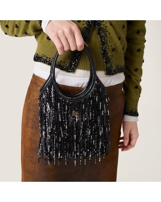Miu Miu Black Ivy Satin Handbag With Crystal And Sequin Fringe