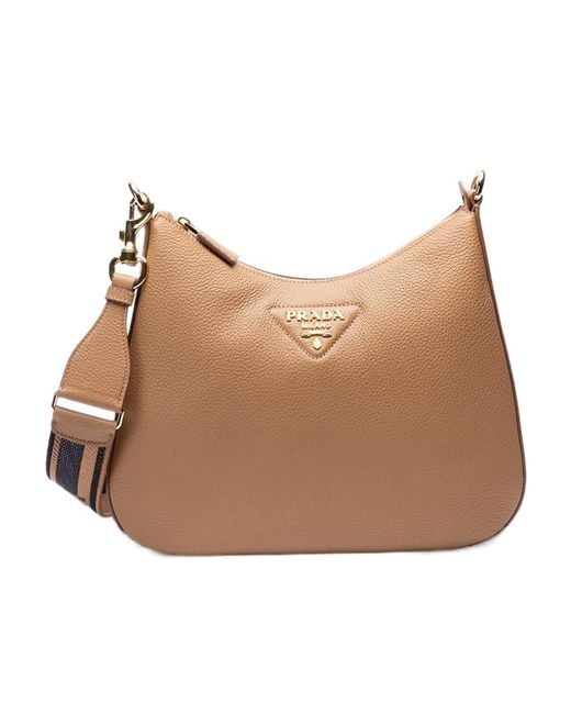 Prada Natural Logo Plaque Zipped Shoulder Bag