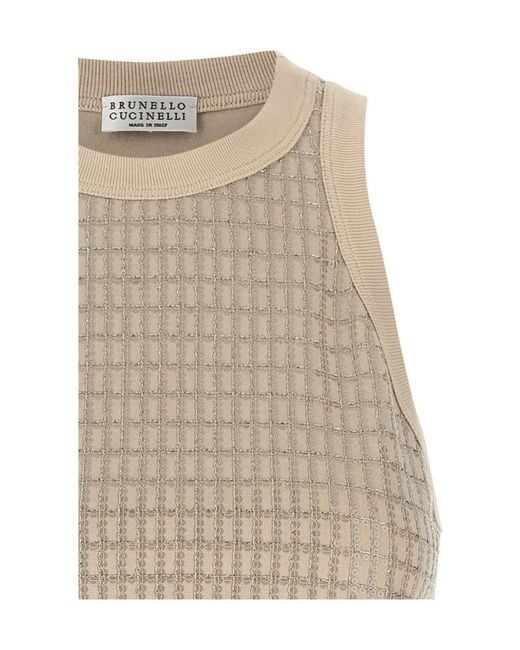 Brunello Cucinelli Natural Dazzling Check Embroidery Jersey Top