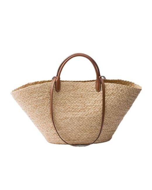 Prada Logo-Appliqué Woven Top Handle Bag in Natural | Lyst