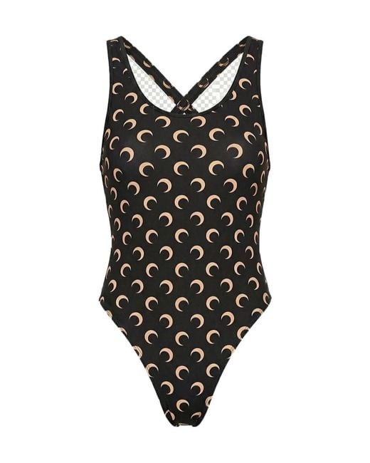 MARINE SERRE Black Moon Print Swimsuit Criss Cross Back