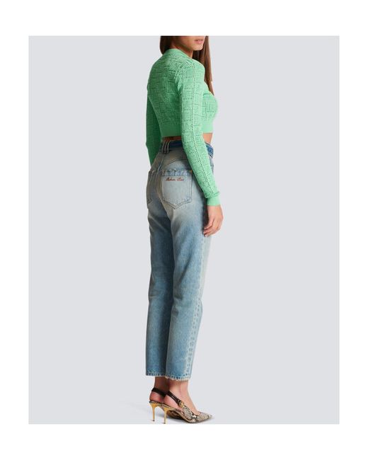 Balmain Green Buttonned Monogram Mesh Knit Cardigan