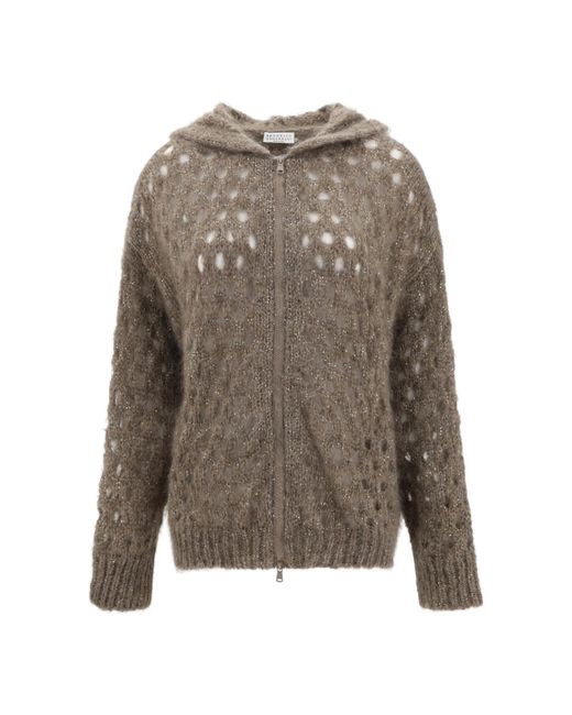 Brunello Cucinelli Gray Dazzling Net Hooded Cardigan
