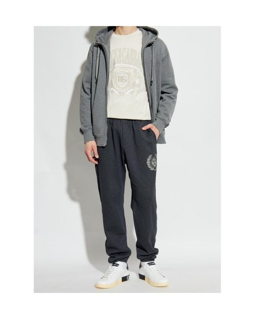 Dolce & Gabbana Gray Logo Plaque Zipped Drawstring Hoodie for men