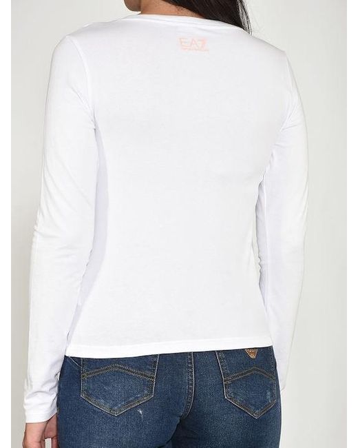 EA7 White T-Shirt With Round Neck And Long Sleeves