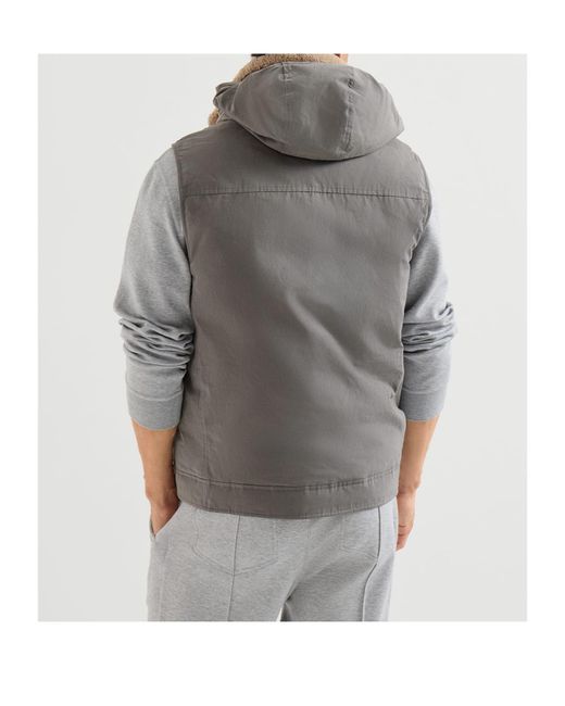 Brunello Cucinelli Gray Waxed Techno-Cotton Down Vest With Detachable Hood for men
