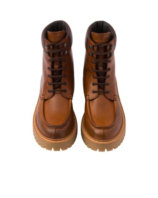 Prada Brown Logo Detailed Round-Toe Ankle Boots