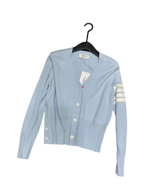 Thom Browne Blue 4-Bar V-Neck Knitted Cardigan